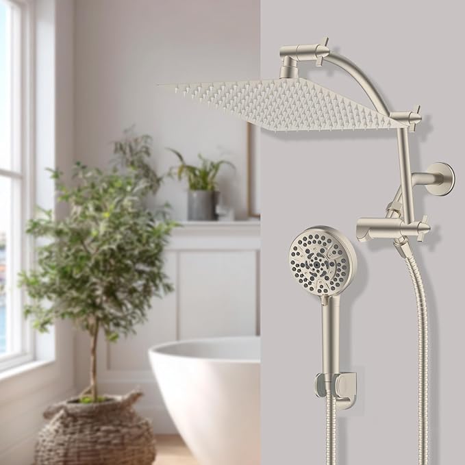 Hibbent All Metal Shower Head, 12'' High Pressure Rain Shower Head/Handheld Showerhead Combo with 16'' Adjustable Arc-shaped Extension Arm, 10 Sprays, 71'' Hose, Showerhead Holder, Brushed Nickel