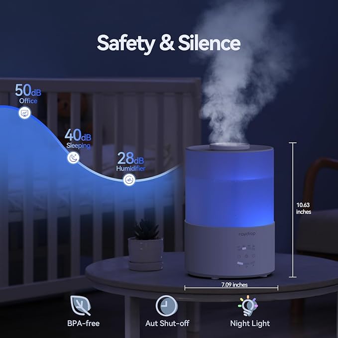 raydrop Humidifiers for Bedroom, 3.0L Cool Mist Humidifiers for Large Room & Home, Top Fill Air Humidifier for Baby Nursery & Plants, Essential Oil Diffuser with Color Lights, Timer, Auto Shut-Off