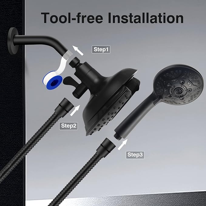 Shower Heads with Handheld Spray Combo: 7.2" Rain Shower Head & Handheld Shower Head 2-IN-1 Shower Head with 60" Hose (BLACK), Shower Trim Systems