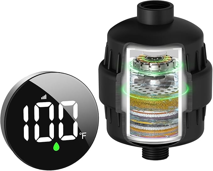 Tem8(R7Pro) Bathroom Shower Filter Fixture with Wireless Temperature Display | Hard Water Purifier 99.99% Remove Chlorine & Heavy Metals | Improve Skin & Hair Health | Black Hardware Accessories