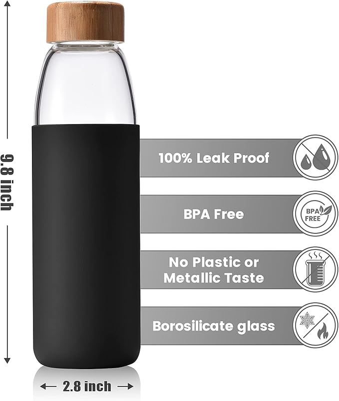 veegoal 25 Oz Borosilicate Glass Water Bottles with Bamboo Lid, BPA-FREE, Non-Slip Silicone Sleeve, and Stainless Steel Leak Proof Lid - Reusable Glass Bottle for Men and Women