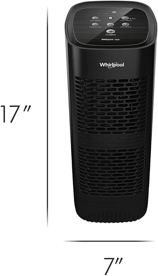 Whirlpool, WPT60B Whispure True Hepa Air Purifier, Activated Carbon Advanced Anti-Bacteria, Ideal for Allergies, Odors, Pet Dander, Mold, Smoke, Wildfire, and Germs, Medium, Black