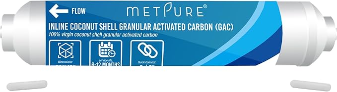 Inline GAC Water Filter 2" x 10" x 3/8" OD. Coconut Shell Granular Activated Carbon for RO Reverse Osmosis Water Filtration System, Refrigerator, Ice Maker. 3/8" Quick Connect.