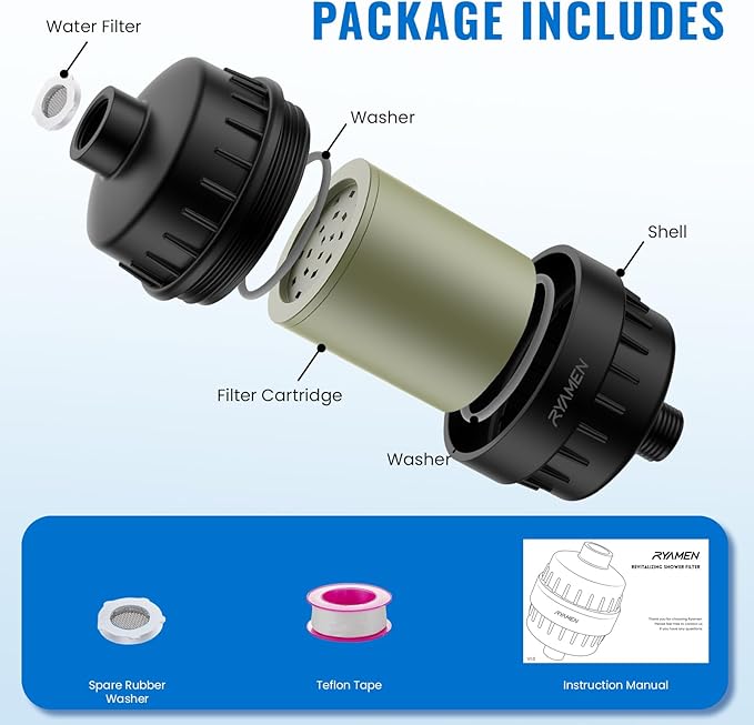 Ryamen Heavy Duty Shower Filter, Shower Water Filter, 99% REMOVAL Shower Head Filter for Hard Water, Heavy Metals, Chlorine (1 Cartridge, Black)