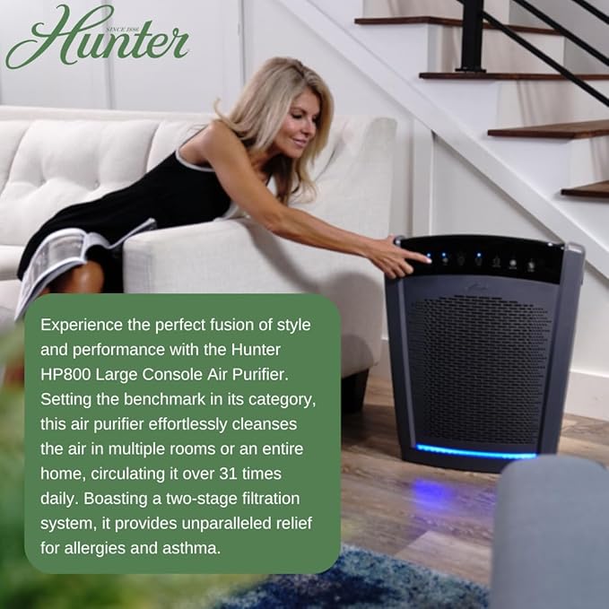 Hunter HP800 Air Purifiers for Home Large Room and Bedroom. True HEPA Air Purifier for Pets, Odors, Allergens, Smoke, Dust, VOC's. Value Bundle w/Extra Filter. Cleans 2585 Ft² per hour. Graphite