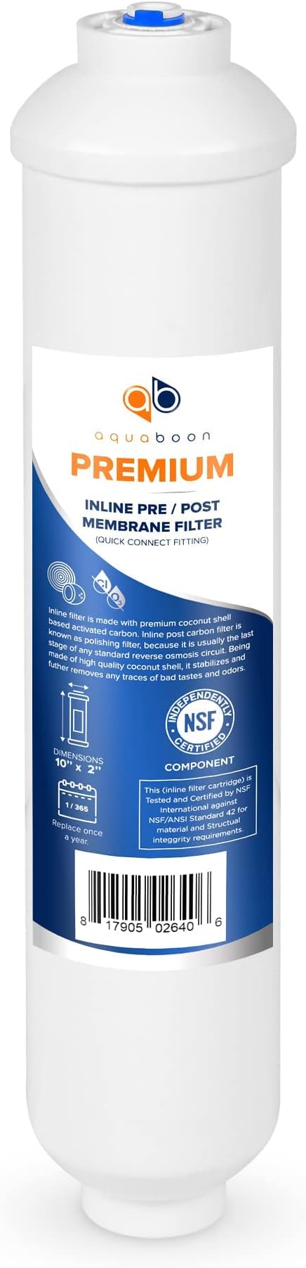 Aquaboon Premium Inline Post/Carbon Polishing Water Filter Catridge for Reverse Osmosis System Standard Size (Quick Connect Fiting) RO Water Filter Replacement Compatible with ICF-10 4-Pack