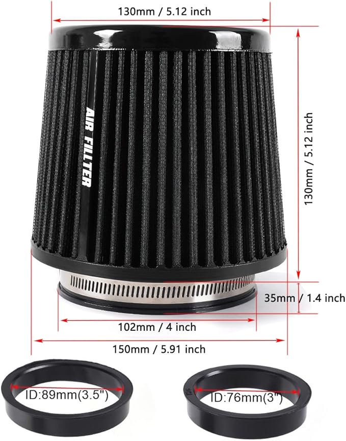 4-Inch Cold Air Intake Filter - Washable, High Performance, 3" or 3-1/2" or 4" Clamp-On Replacement Cone Air Filter Universal 3 Sizes in 1 Black