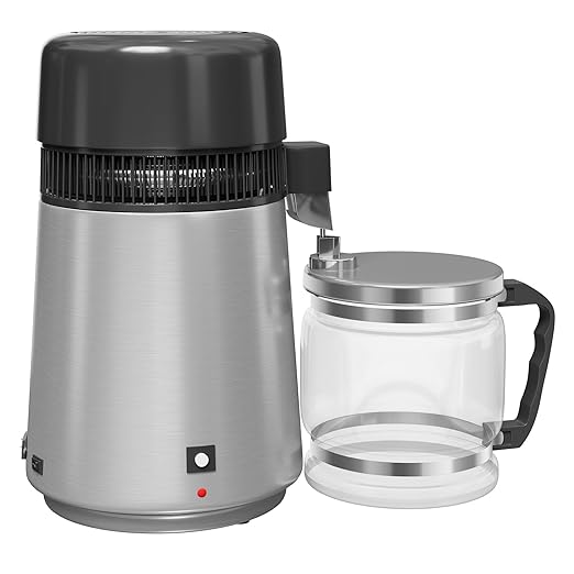 GarveeHome Water Distillers for Home Countertop, 1Gal/4L Stainless Steel Distilled Water Machine with Glass Container, 750W Desktop Drinking Purifier Filter Distilling Kit, Silver
