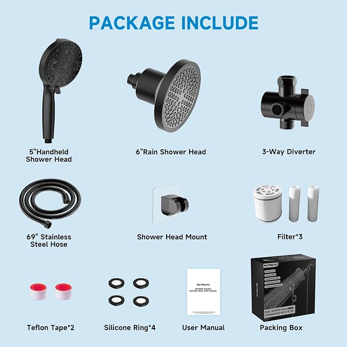 Filtered Shower Head With Handheld Spray Combo, High Pressure 6" Rain Showerhead & 5" Handheld Dual Shower Head with Filters, Double Shower Heads Set for Hard Water, 69" Shower Hose,Black