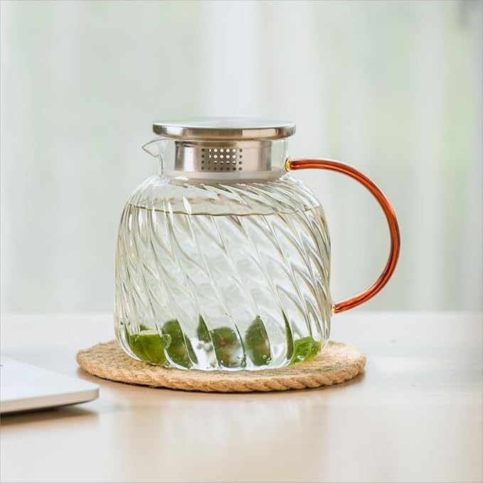 Glass Pitcher with Lid,47 oz/1400 ml, Hand Blown Glass Water Pitcher for Drinks,Iced Tea, Juice, Coffee, Milk, Hot Water and Tea, Heat Resistant