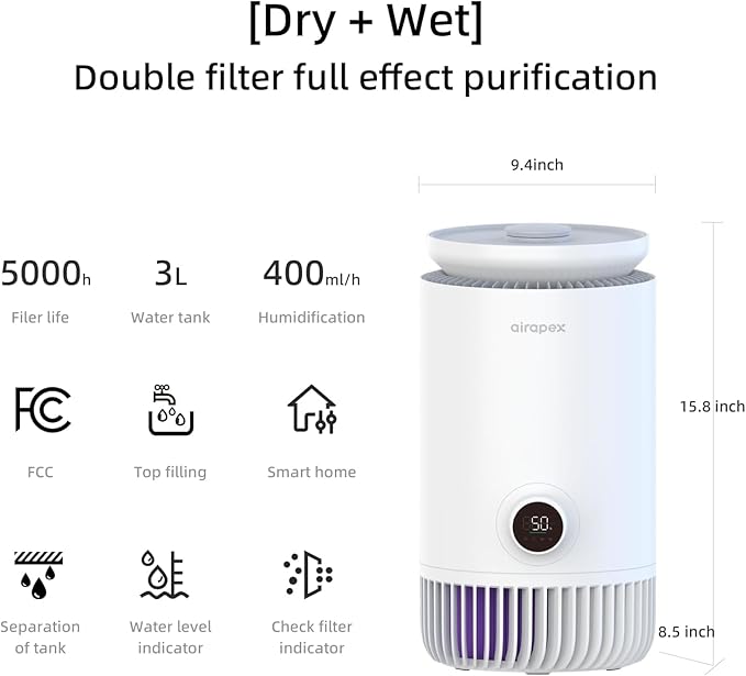2-in-1 Humidifier and Air Purifier Combo, Mistless Evaporative Humidifier and HEPA Filter Air Purifier, Silent, WIFI Smart for Bedroom, White