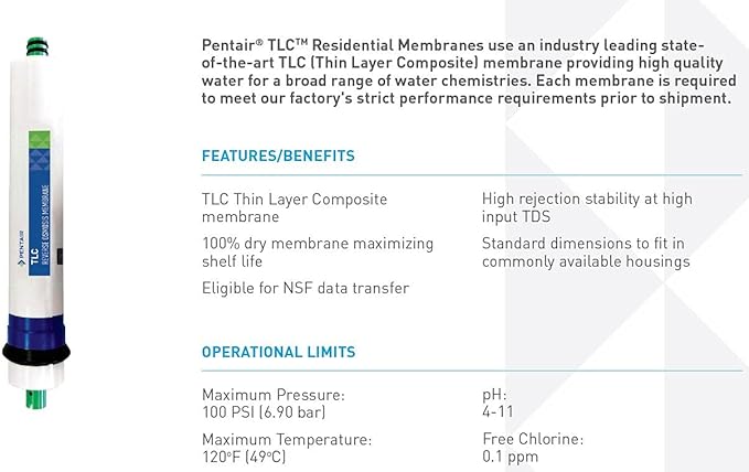 Pentair Pentek TLC-50 Reverse Osmosis Membrane, TLC Thin Layer Composite Residential Membrane Replacement, 50 GPD Flow Rate