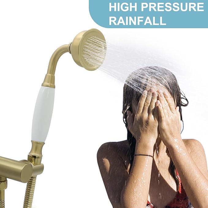 HOMEDEC Vintage Handheld Shower Head with 59inch Flexible Hose High-Pressure Antique Rain Showerhead Combo Replacement No Wand Holder, Round Telephone Shape, Brushed Gold