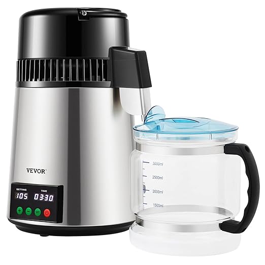 VEVOR 1.1 Gal Water Distiller, 0.3 Gal/H, Distilled Water Maker Machine 750W 0-99H Timing Set Temp Display, 304 Stainless Steel Countertop Distiller Glass Carafe Cleaning Powder 3 Carbon Packs, Silver