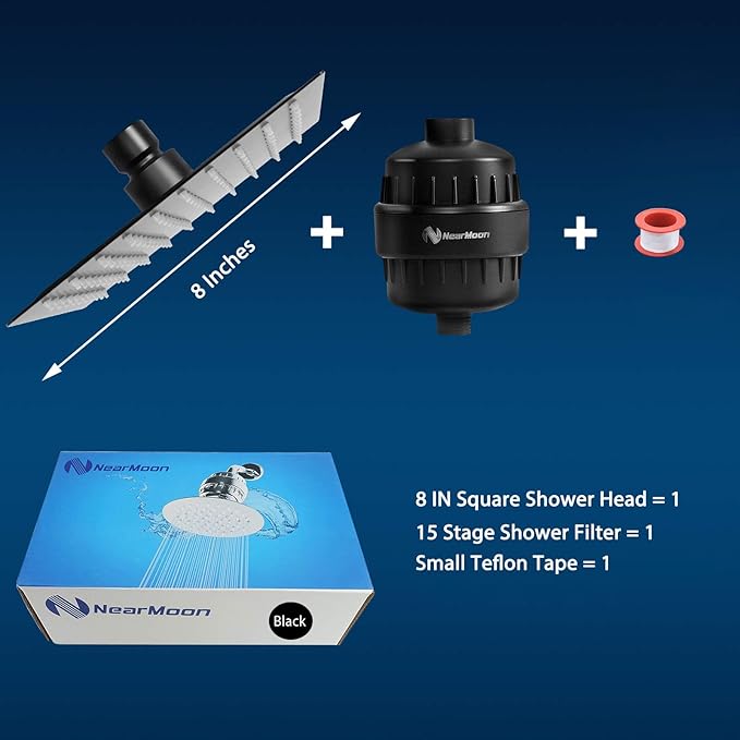 NearMoon Square Shower Head and 15 Stage Shower Filter Combo, High Pressure Filtered Head for Hard Water, Improves the Condition of Your Skin, Hair (Matte Black)
