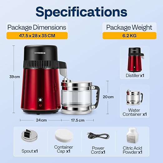 VIVOHOME Water Distiller Countertop 1.1 Gallon/4L 304 Stainless Steel Distilled Water Machine with Smart Switch Purifier Filter for Home Officek, Red