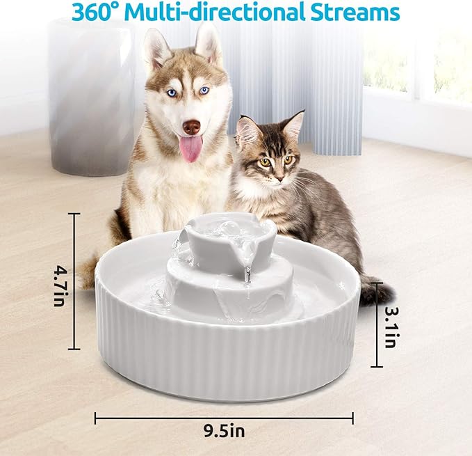 2.1L Ceramic Cat Water Fountain-for Cats and Dogs, 360 Ceramic Pet Fountain-70 Oz Large Water Capacity - Whisper-Quiet Water Flow-Great for Shy or Timid Pets - Fresh, Filtered Water(White)