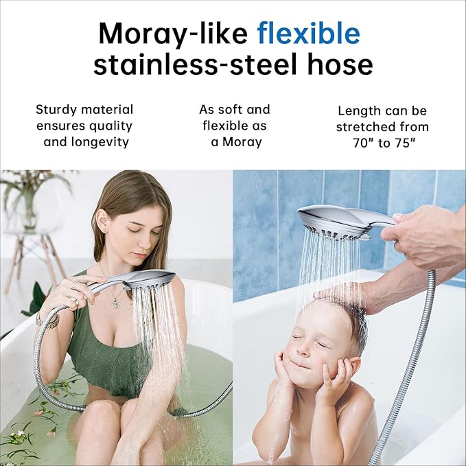 G-Promise Luxury Filtered Handheld Shower Head, 6 Spray Settings Shower Set with Effective Filter of 2 Cartridges, Adjustable Metal Bracket, Extra Long Stretchable Hose, Chrome (Chrome with Filter)