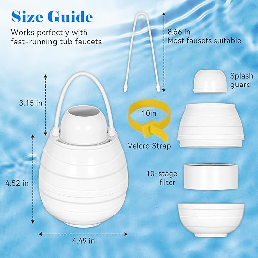 Bathtub Faucet Water Filter – 10-Stage Premium Filtration System, 5000 Gallon Capacity, Softens Hard Water, Removes Chlorine & Fluoride – Skin & Hair Protection Filter (White)