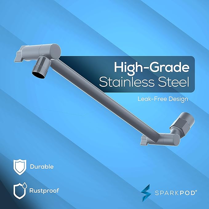 SparkPod Round Rain Shower Head with Extension Arm - Height Adjustable Shower Head with High Pressure Performance - Easy 1-Minute Installation (11" Arm Extension, Titanium Charcoal Grey)