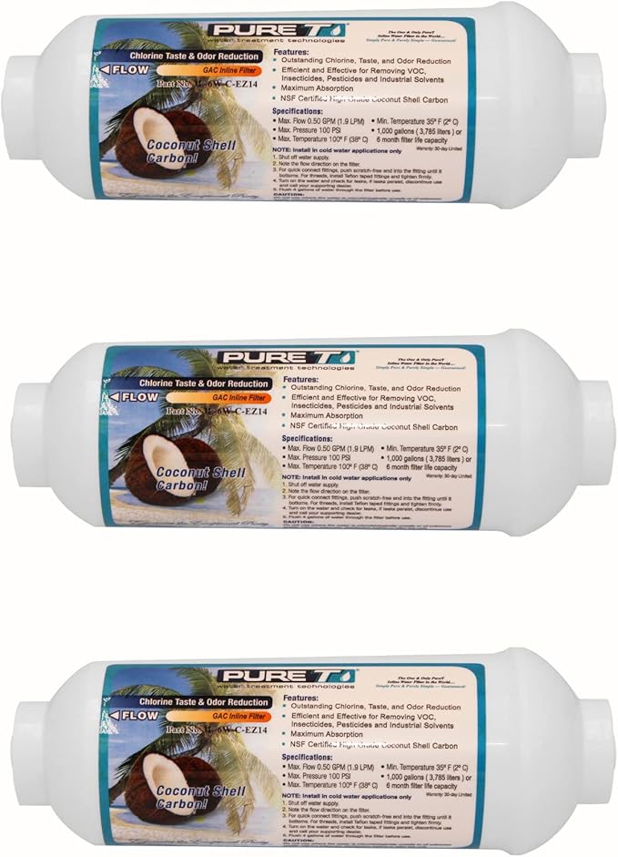 PureT IL-6W-C-EZ-3, 6"x2" (1/4" EZ Connect) Inline Post GAC Carbon Filter - NSF Certified - Reverse Osmosis Water Filter, Lifetime of 1 Year or 700 Gallons (3 Pack)