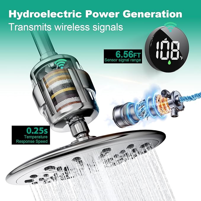 Tem8 Bathroom Shower Filter Fixture with Wireless Temperature Display | Hard Water Purifier 99.99% Remove Chlorine & Heavy Metals | Improve Skin & Hair Health | Chrome Hardware Accessories