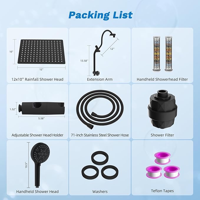 Hibbent Dual Filter All Metal 12" Rainfall Showerhead Combo, High Pressure Filter Shower Head with 10-Spray Mode Handheld, 4-way Diverter with Pause Mode, 71'' Shower Hose and Holder, Matte Black