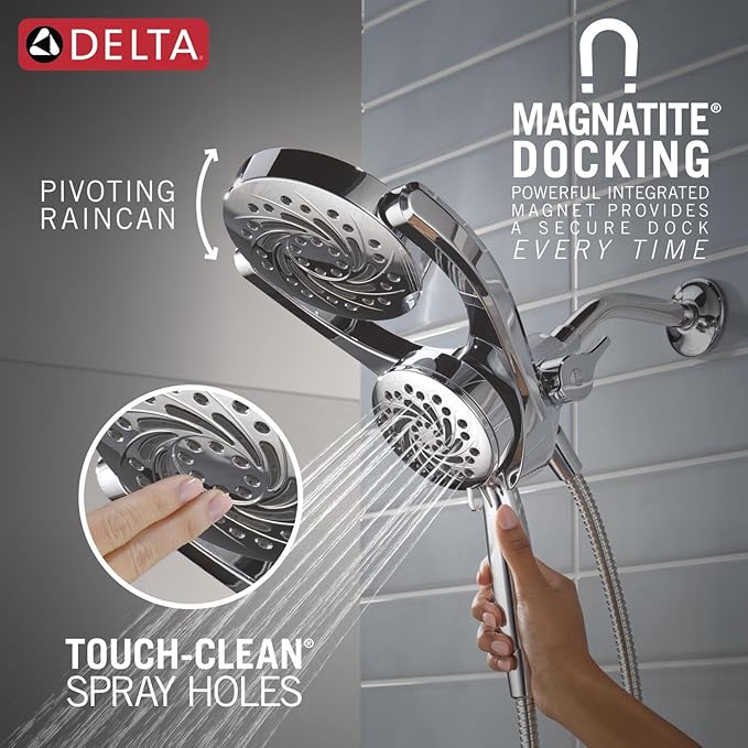 Delta 5-Setting HydroRain 2-in-1 Dual Shower Head with ProClean Spray, Chrome High Pressure Shower Head with Handheld Spray, 1.75 GPM Flow Rate, Chrome 75419