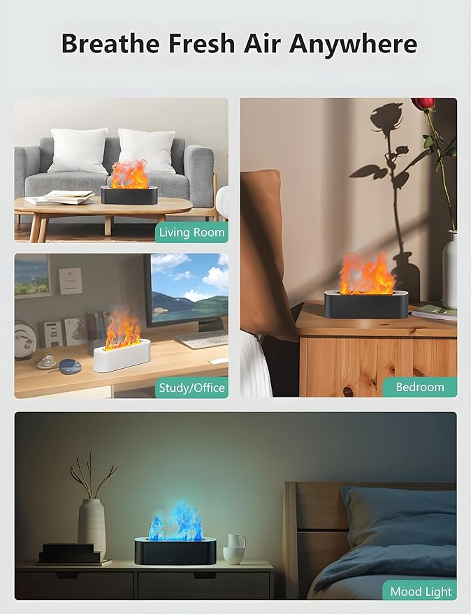 Flame Air Diffuser, Humidifier, Essential Oil Diffuser - 7 Colors, 180mL Capacity (8 Hours), Noiseless Operation, Auto-Off Protection - Perfect for Home Bedroom Office Gifts(White)