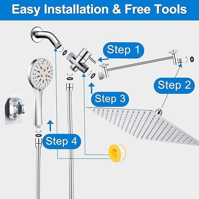 Shower Head, 10" High Pressure Rain shower head with Handheld Spray Combo, 6 Settings Handheld with 78" Anti-leak Hose, 11" Adjustable Extension Arm, Ultra Thin Water Saving, Chrome, AWAXFOLO