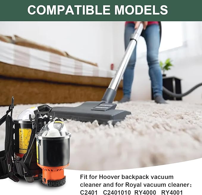 2KE2105000 HEPA Cloth Bag Liner and 2KE2110000 Replacement Filter Fit for Hoover Shoulder Vac Pro Vacuum Cleaner C2401 and for Royal RY4000, RY4001 backpack Vacuum