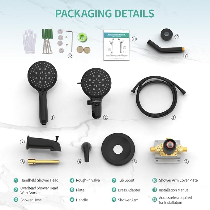 SR SUN RISE Shower System with Tub Spout, 35-Function Dual 2-in-1 Tub and Shower Faucet Combo Set, Single-Handle Tub and Shower Trim Kit, Patented 3-Way Diverter Matte Black(Valve Included)