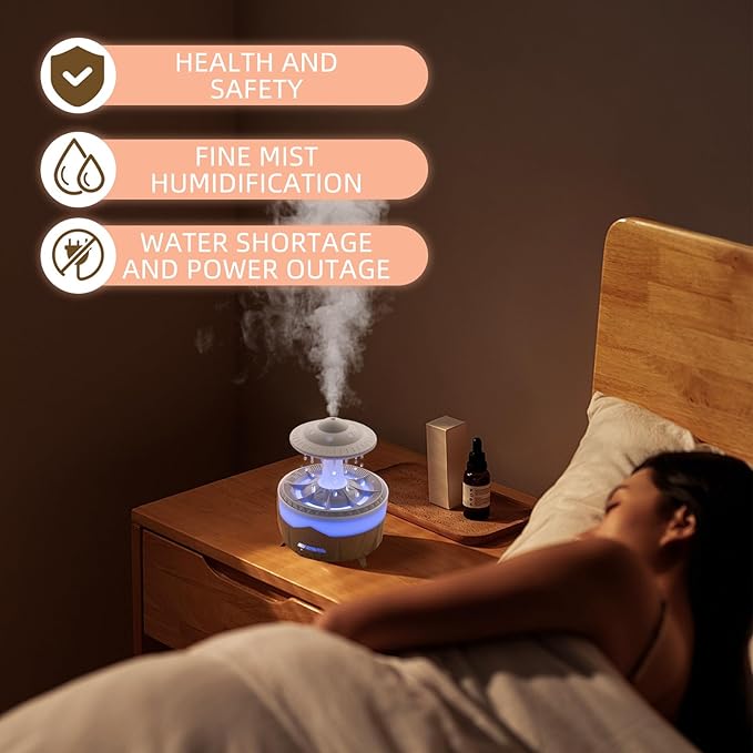 Cloud Raindrop Humidifier, 100-240V 7 Colors Lights Air Humidifier with Remote Control, Timing Essential Oil Mushroom Humidifier for Family/Bedroom/Office