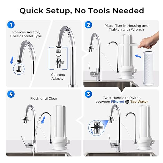 iSpring CKC1-NC SGS-Tested Countertop Water Filter, Drinking Water Filtration System for Faucet, Reduces Chloramine, Bad Odors, Sediment, and 99% of Chlorine, White (Filter Included)