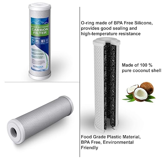 10 Inches Transparent Standard Whole House Water Filter System with Presser Relief Valve, 3/4β Inlet/Outlet Brass Port and Yearly Supply (3) Block Activated Carbon Cartridges 5 Micron