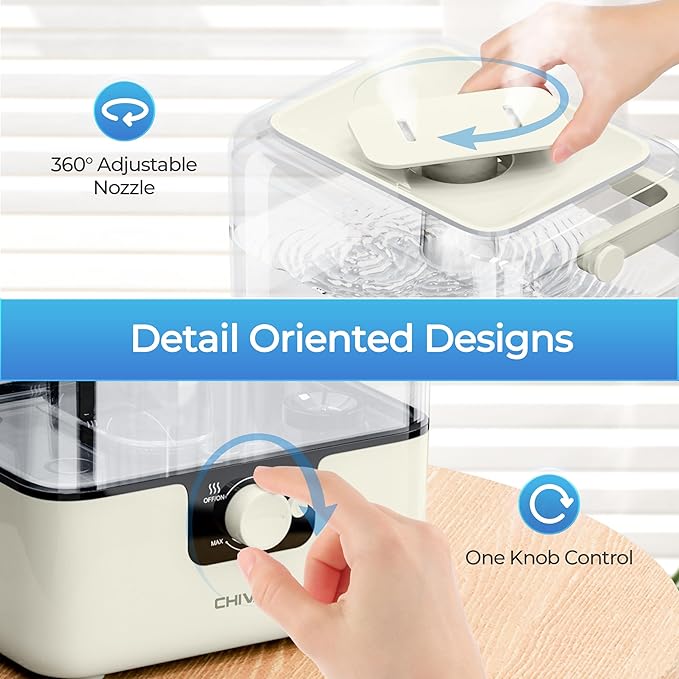 CHIVALZ Humidifiers for Bedroom, 6L Cool Mist Humidifiers for Baby Nursery, 26dB Quiet, 50H Runtime, Top Fill Humidifier for Large Room, Home, Plants, Nightlight, Oil Diffuser 1 Pack