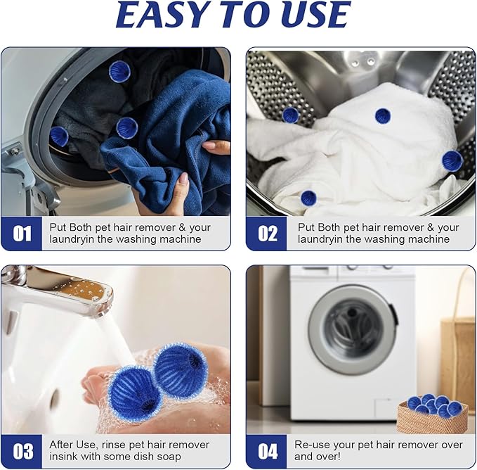 12Pcs Pet Hair Remover for Laundry, Reusable Dog & Cat Hair Lint Remover for Laundry, Laundry Pet Hair Catcher for Washing Machine Clothe Bedding Laundry Hair (Blue)