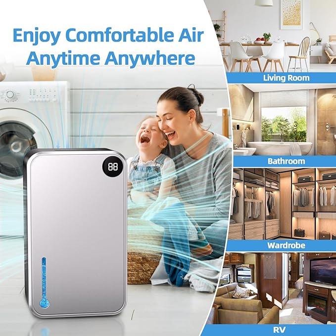 Dehumidifier,25 oz Water Tank Dehumidifer for Home,(280 sq. ft) Quiet with Timer, Automatic Shut-off function and Drain House,Dehumidifiers for Bathroom, Bedroom, Basement, 7-color LED light,Grey