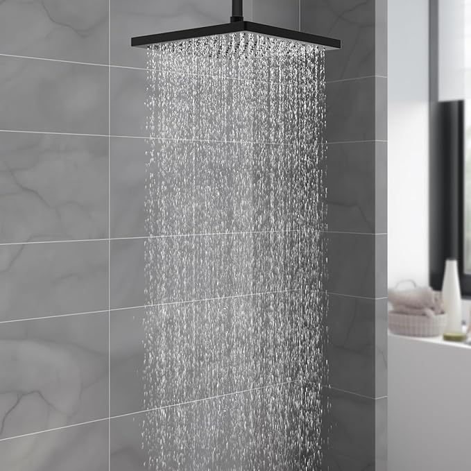 Hibbent Thickness Metal Rain Shower Head, 12 Inch High Pressure Shower Heads, Square Large Bathroom Rainfall Shower Head with Adjustable Brass Ball Joint, Waterfall Full Body Coverage, Matte Black