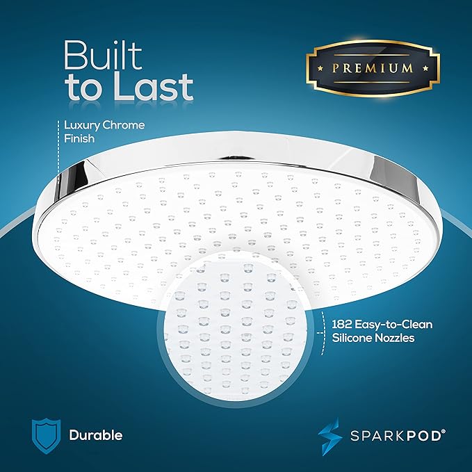 SparkPod 10 Inch Round Rain Shower Head - Ceiling or Wall Mount Rainfall Shower Head - Large Coverage Showerhead - Brass Ball Joint with 360° Adjustment - 1-Min Install (Chrome and White)