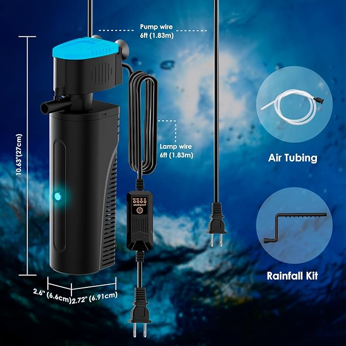 U - V Aquarium Filter with Timer (3/6/12/24 Hours) for Green Water Cleaning, Fish Tank Filter with Aeration & Rainfall Mode, Turtle Filter with Efficient Filter Sponge for Tanks 30-70 Gallon