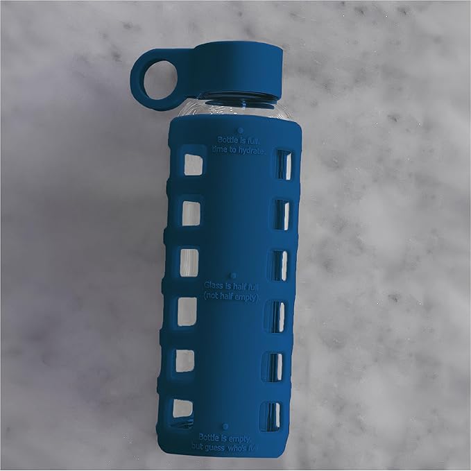 purifyou 40oz / 32oz / 22oz / 12oz Borosilicate Glass Water Bottle with Time & Volume Markers, Silicone Sleeve, Stainless Steel Lid | Reusable Glass Bottle for Water & Juice (12oz Chinese Porcelain)