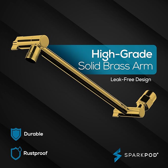 SparkPod Round Rain Shower Head with Extension Arm - Height Adjustable Shower Head with High Pressure Performance - Easy 1-Minute Installation (11" Arm Extension, Egyptian Gold)