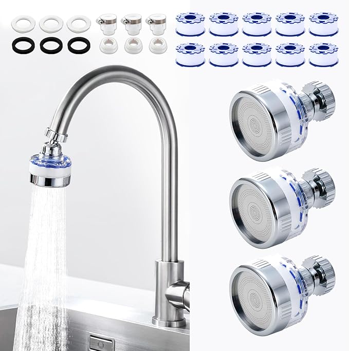 3 Pack Sink Water Filter Faucet, Universal 360 ° Rotating Kitchen Faucet Water Purifier, Bathroom Faucet Filter Removes Chlorine Fluoride Hard Water for Home Kitchen & Bathroom
