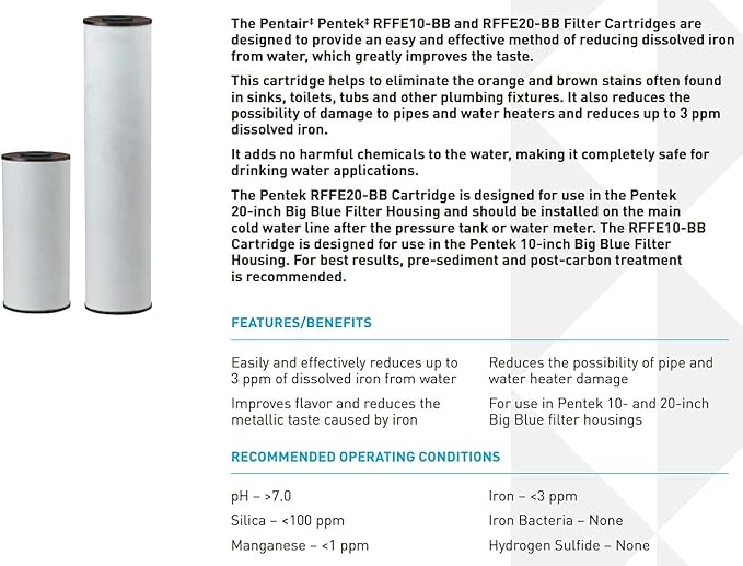 Pentair Pentek RFFE20-BB Big Blue Water Filter, 20-Inch, Whole House Radial Flow Iron Reduction Replacement Cartridge, 20" x 4.5", Pack of 2