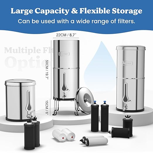 2.25G Gravity Water Filter System with New Water Level Window, 3-Stage 0.01μm Ultra-Filtration Stainless Steel Countertop System with 2 Ceramic Filters and Stand, Reduce 99.9% Chlorine