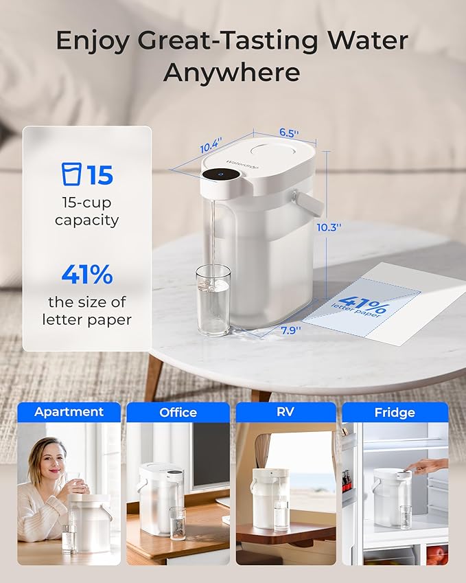 Waterdrop 0 TDS Zero TDS Water Rechargeable Water Filter Dispenser, 4-Stage Instant Electric Powerful Pitcher, Reduce Chlorine, Lead, 15-Cup Countertop Water Filtration System with 1 Filter, White