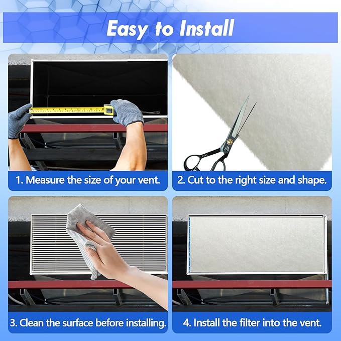 Air Vent Filter Kit - 20" x 100" Cut to Fit Air Filter Materials MERV 8 Electrostatic Media Roll for Home Floor, Ceiling, AC, HVAC, RVC Furnace Vents, With 48PCs Adhesive Hook Tape