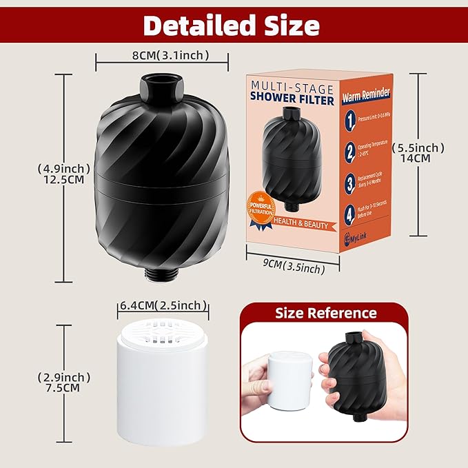 High-Output Shower Filter - 99% Removal of Chlorine, Rust, Impurities - Softens Hard Water, Enhances Skin, Makes Hair Soft & Smooth - No Pressure Loss, Leak-Proof Brass Nut Design, Easy Install-Black