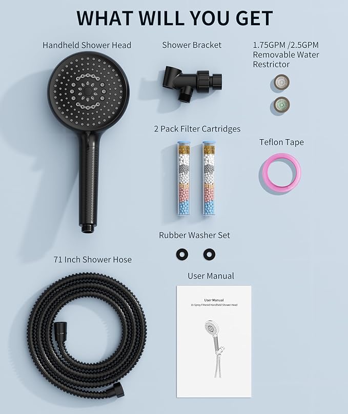 Filtered Shower Head with Handheld, 10 Spray Mode High Pressure Shower Head with Filters, Shower Filter Head for Hard Water, Powerful Spray for Cleaning, 2 Replaceable Filters Included, Black